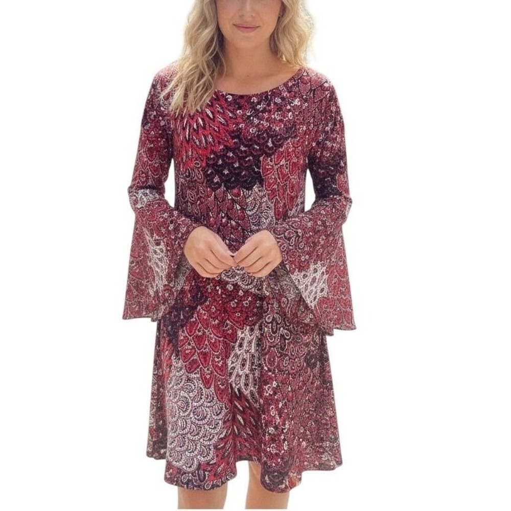Y2K MSK Red and Black Paisley Dress Sz L Bell Sleeves Stretch NWT